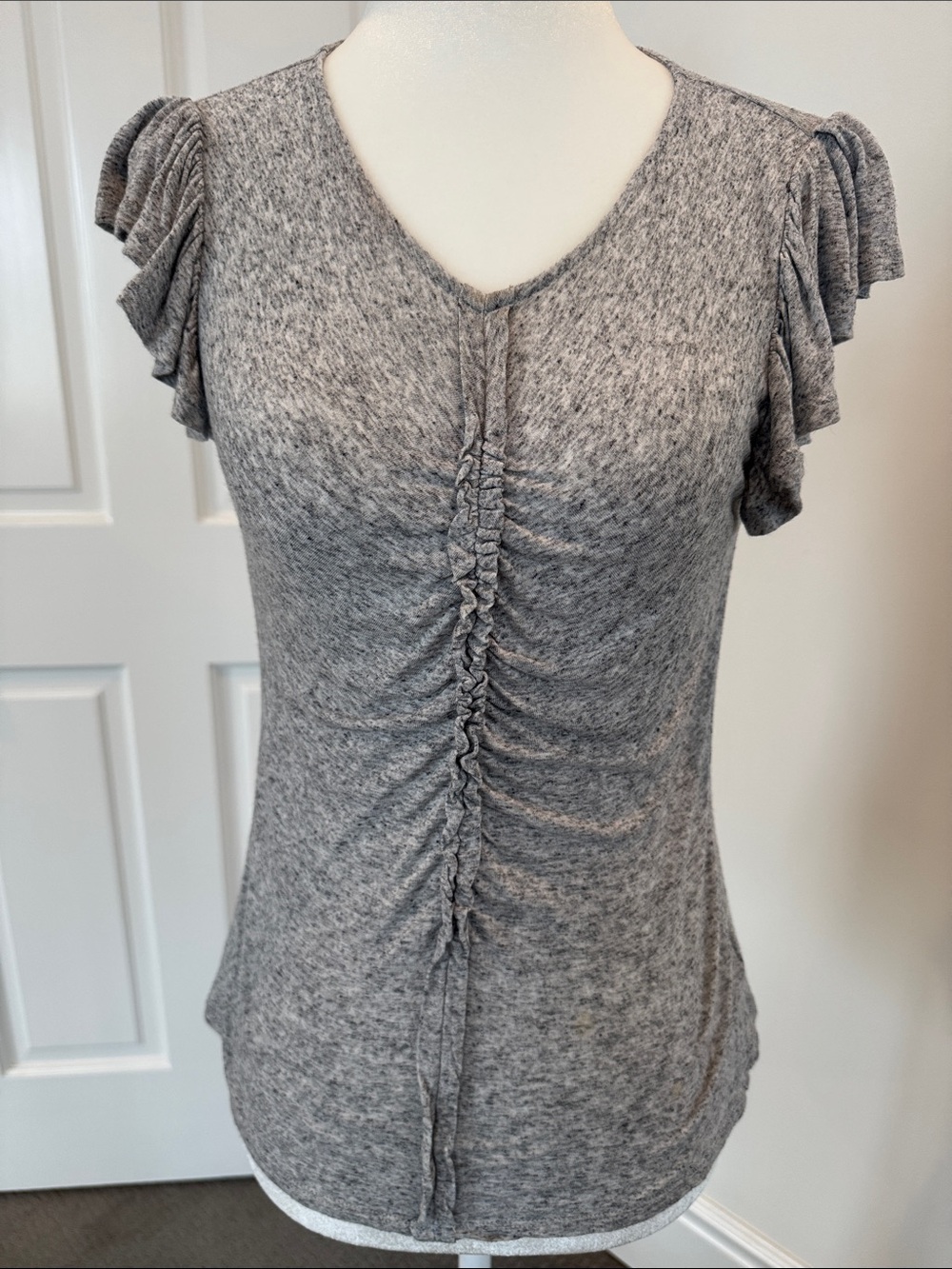 Rebecca Taylor Gray Ruched V-Neck Flutter Sleeve Top